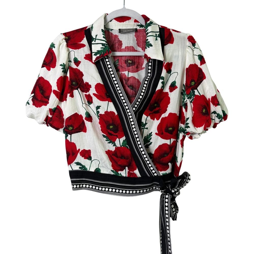 Lulumari Wrap Top Womens Large White Red Poppy Floral Puff Sleeve Cropped Tie